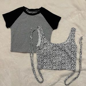 Two shein tops, One T-shirt in black and gray, One tank tie back in cow print